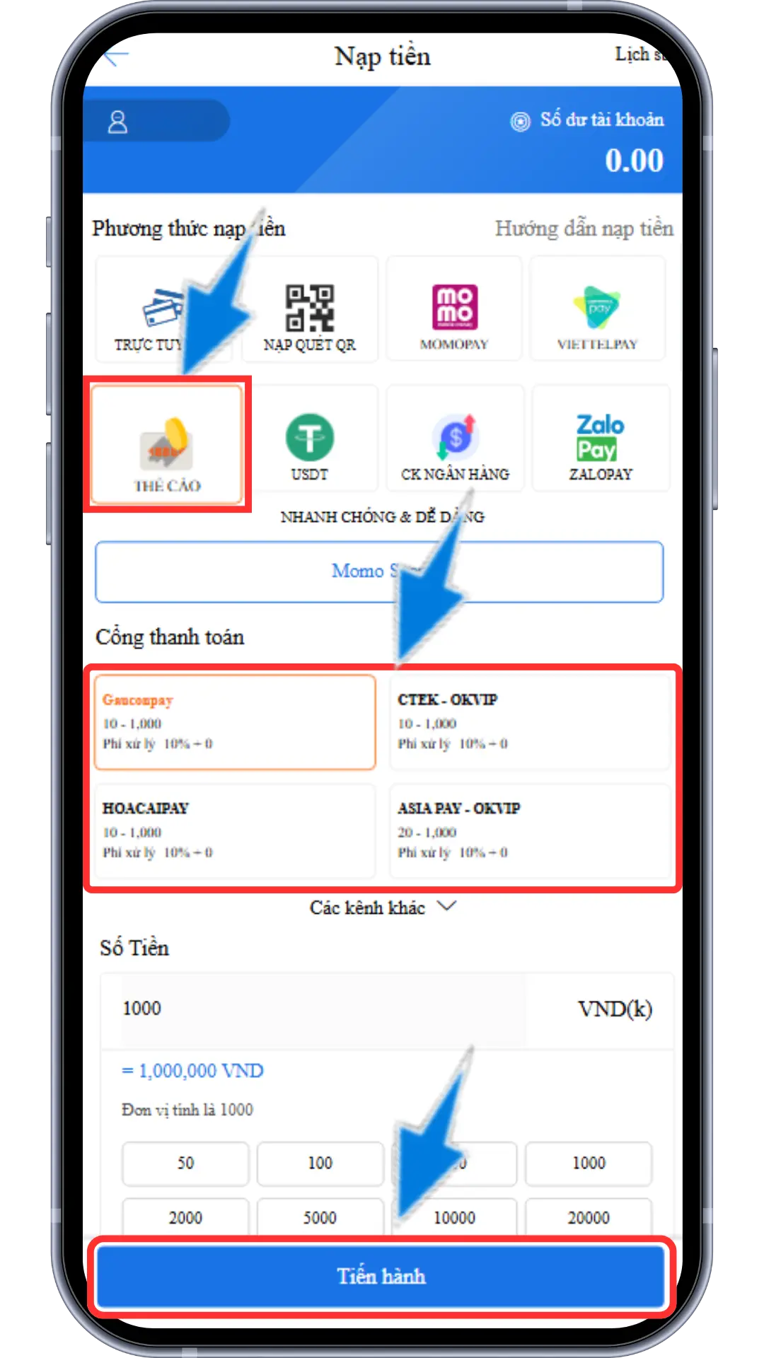 Bước 2: Chọn mục "THẺ CÀO" - Chọn 1 cổng nạp đang hiển thị - Điền số điểm muốn nạp => Ấn tiến hành